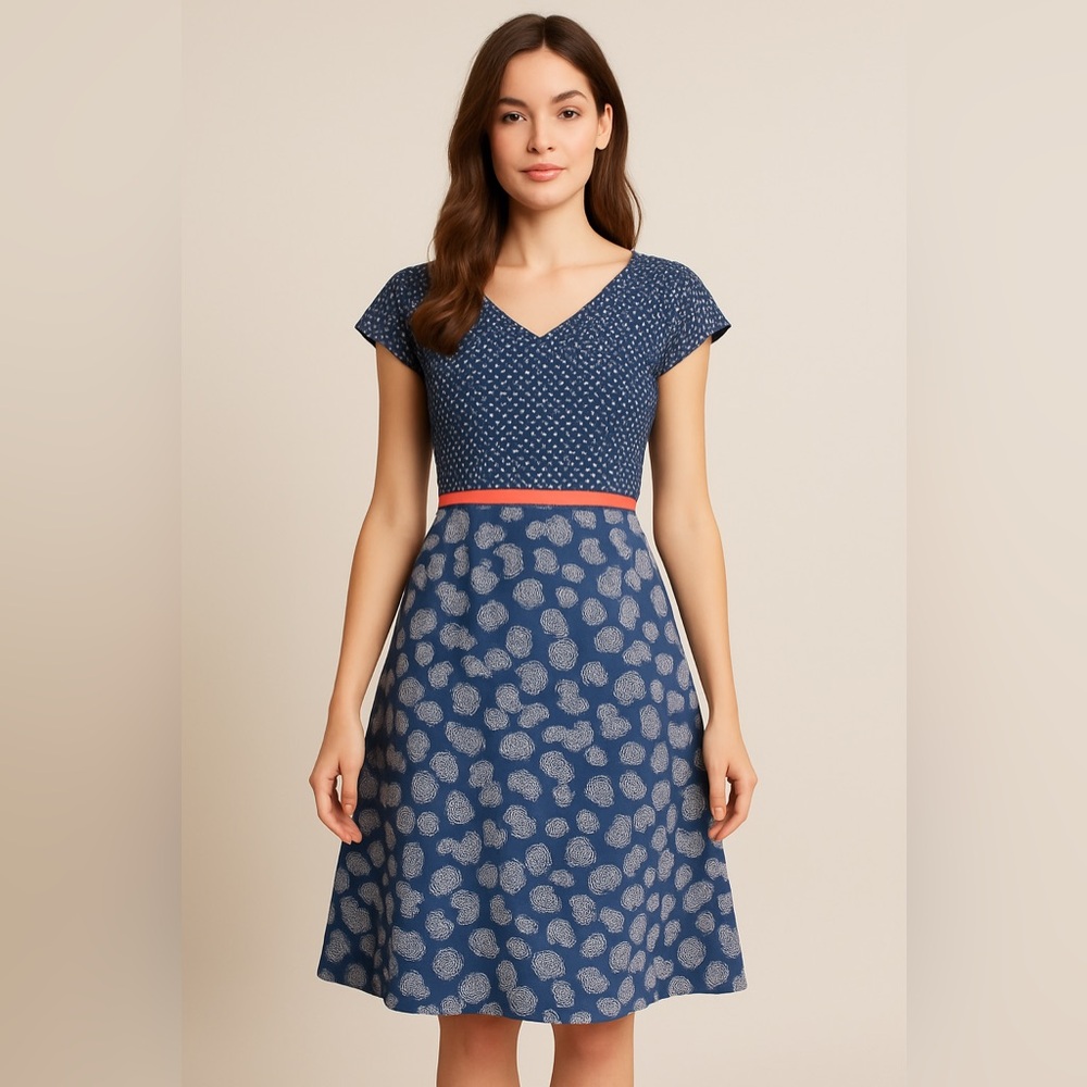 ✨ Boden Blue Print Cotton Fit & Flare Dress | Size 8 | Lined